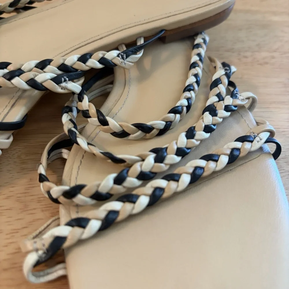 Larroudé Ibiza flat mules in multi-neutral leather 6.5 Tan Black‎ Brown Braided